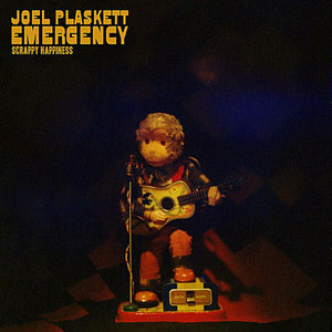Joel Plaskett Emergency, Scrappy Happiness album cover featuring a clay Joel playing a guitar and singing on a dark background