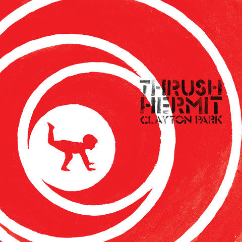 Thurst Hermit Clayton Park artwork from the LP by Joel Plaskett, featuring a toddler in on all fours but one leg raised and a red swirled design