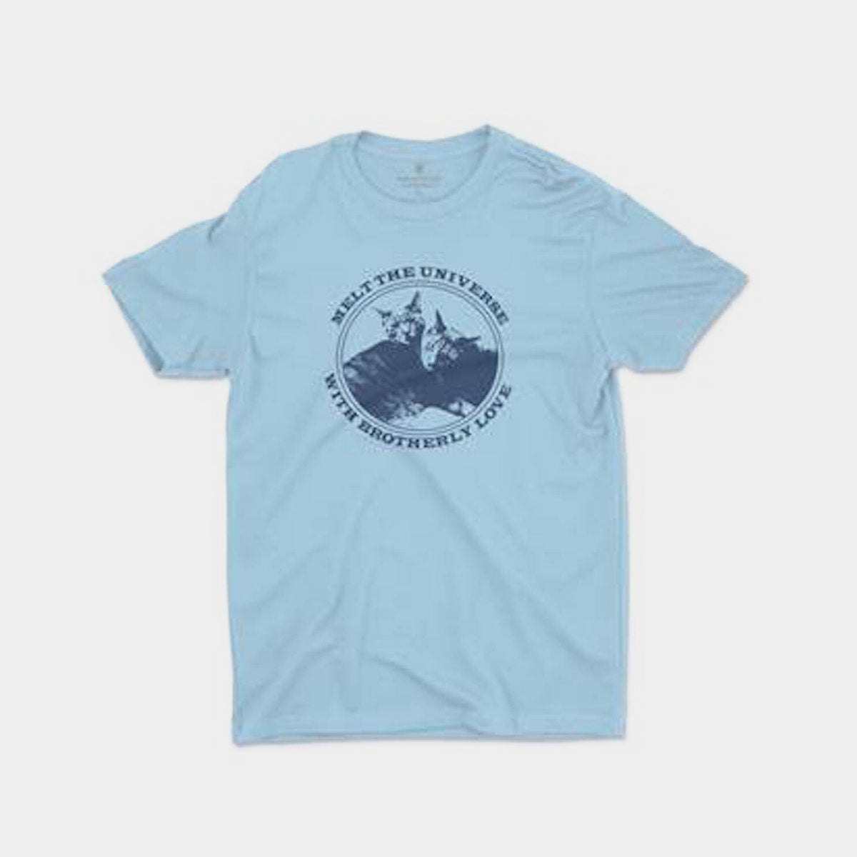 Joel Plaskett baby blue t-shirt with darker blue image of two cats "Melt the Universe with Brotherly Love"